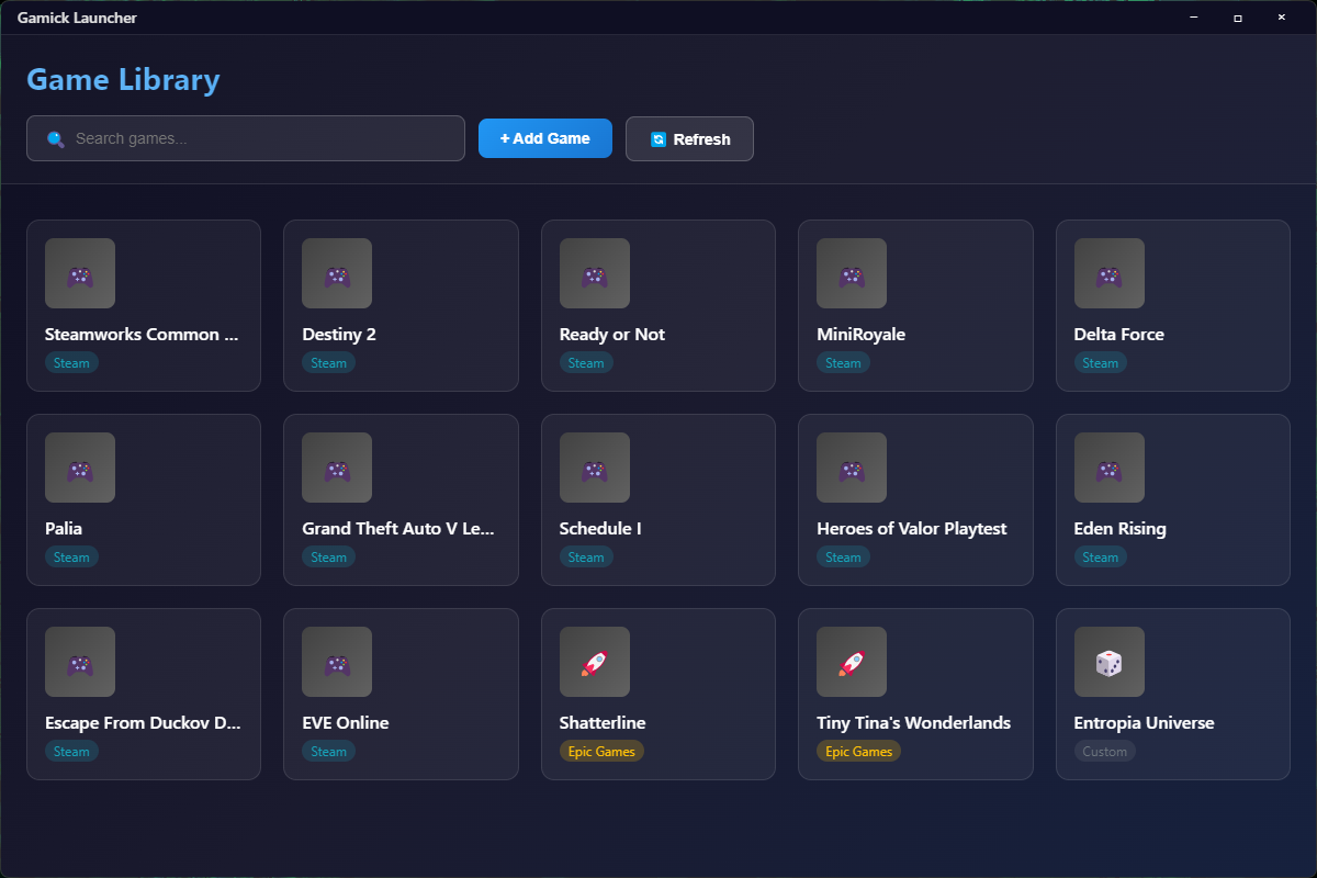 Gamick main interface showing unified game library