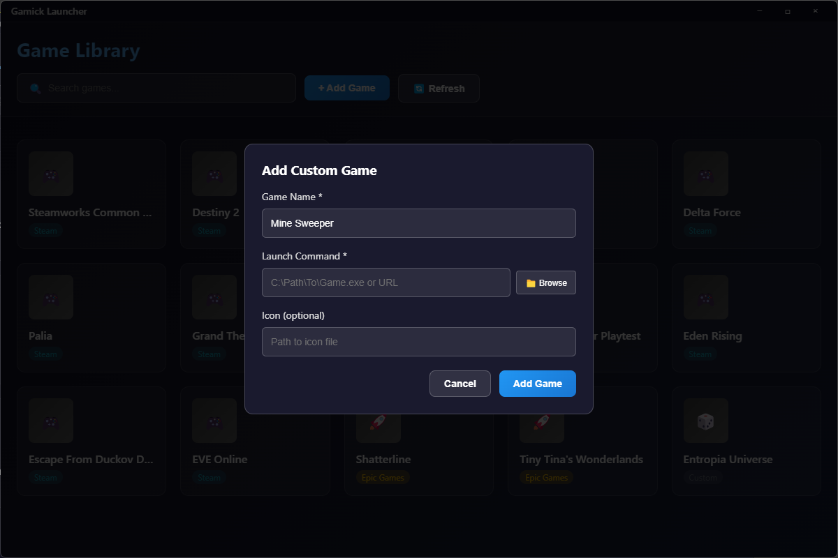 Gamick search and filter functionality